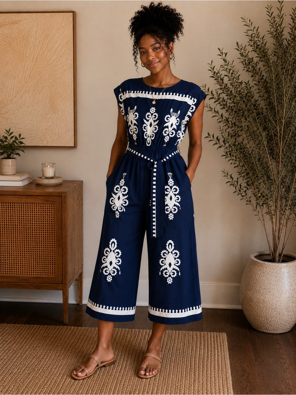 Navy Wide-Leg Jumpsuit with pockets